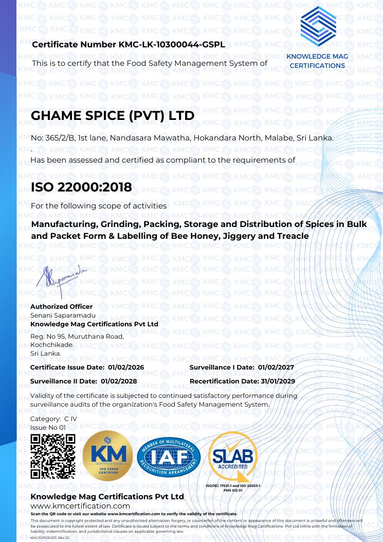 ISO 22000:2018 certificate